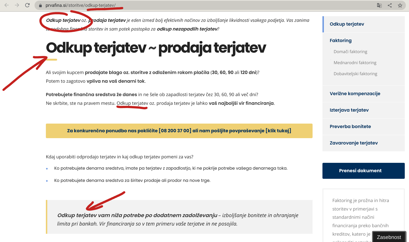 odkup terjatev - ključne besede za spletno stran